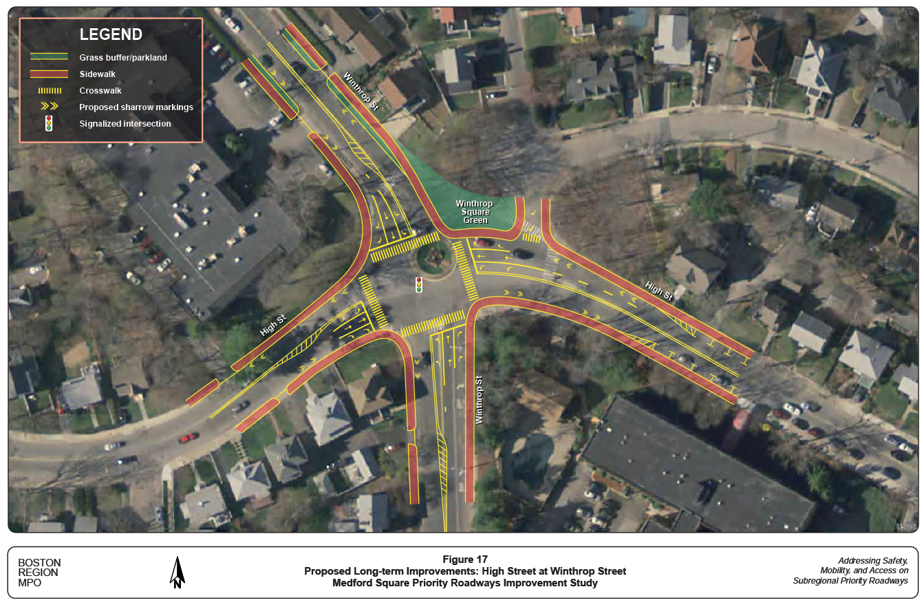 Figure 17. Proposed Long-term Improvements: High Street at Winthrop Street
This figure shows a conceptual drawing of the proposed long-term improvements (design alternative 1) at the intersection of High Street and Winthrop Street.
